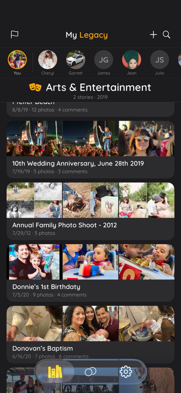 A MiLegacy legacy open to the Arts and Entertainment milestone, showing story cards for an anniversary, a family photo shoot, a first birthday and a baptism