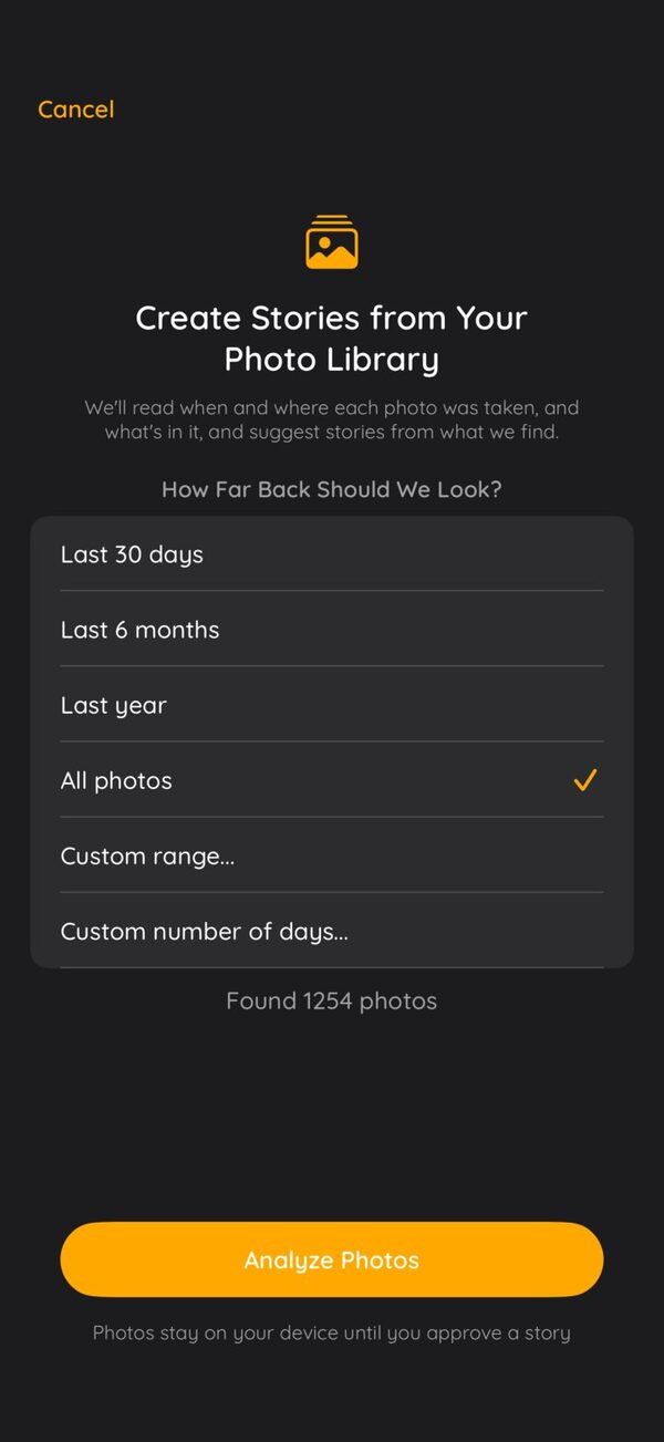 Create stories from your photo library: choose how far back to look