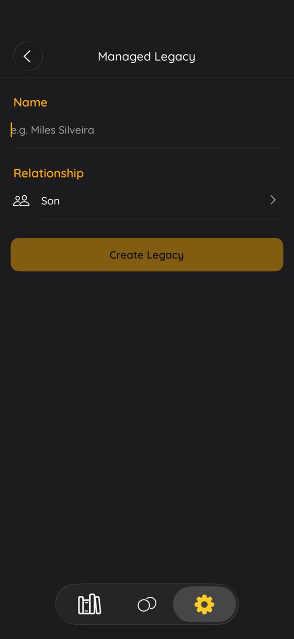 Creating a managed legacy with a name and the relationship Son
