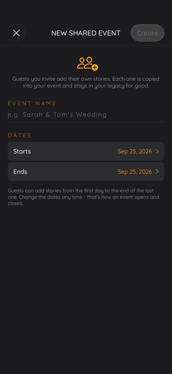 Creating a new shared event, for example a wedding